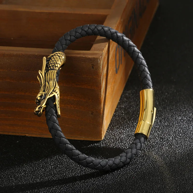 L'Alpha | Bracelet Tressé Noir et Dragon Plaqué Or