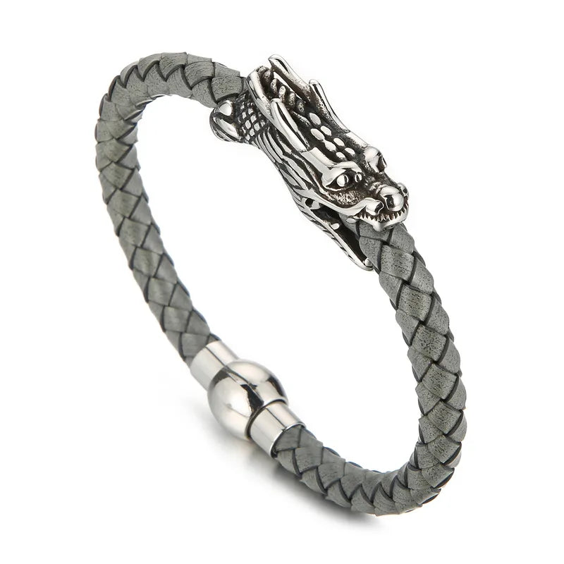 Jörmungandr | Bracelet Tressé Viking avec Tête de Dragon