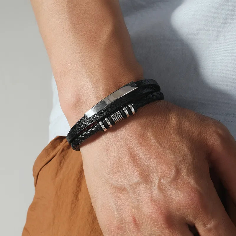 Le Maestro | Bracelet Manchette Multi-Textures Noir et Acier