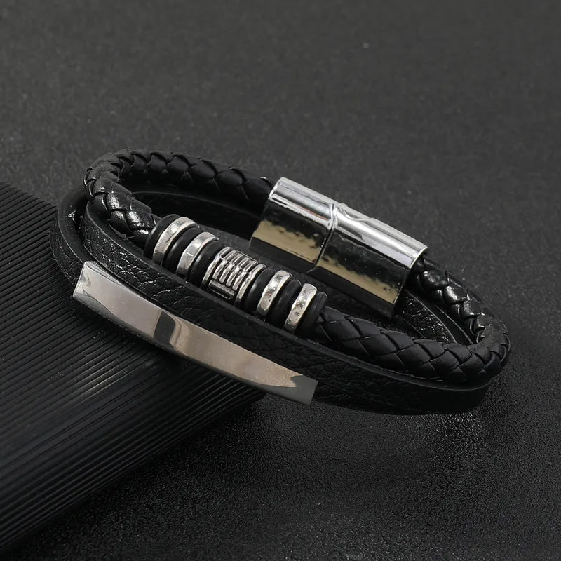 Le Maestro | Bracelet Manchette Multi-Textures Noir et Acier