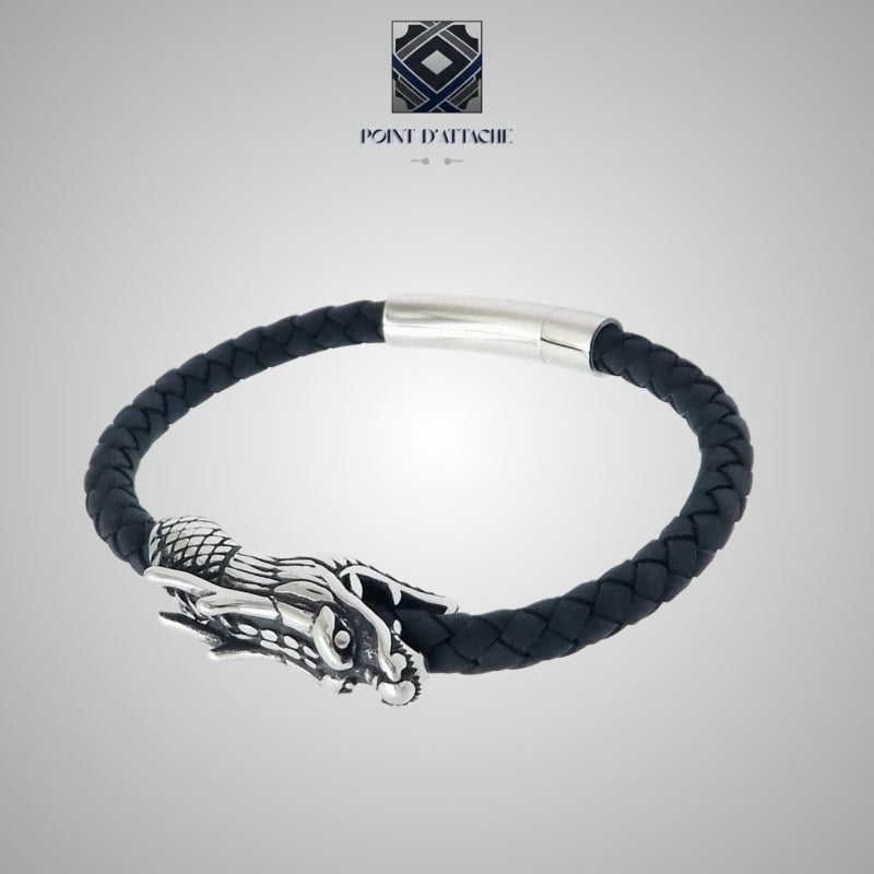 Le Dragon d'Ombre | Bracelet Tressé Noir à Tête de Dragon