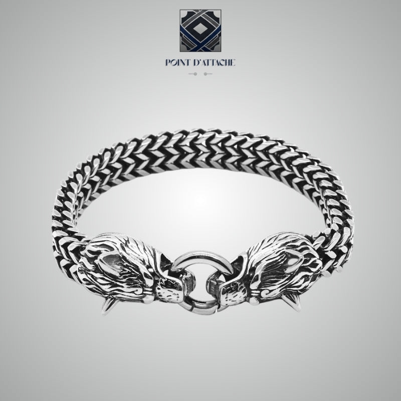 Fenrir | Bracelet Chaîne Viking à Têtes de Loup en Acier Massif