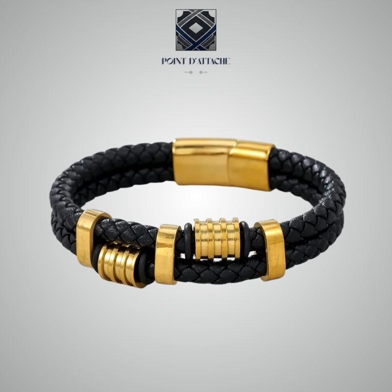 Le Dirigeant | Bracelet Manchette en Acier Doré et Matière Végane