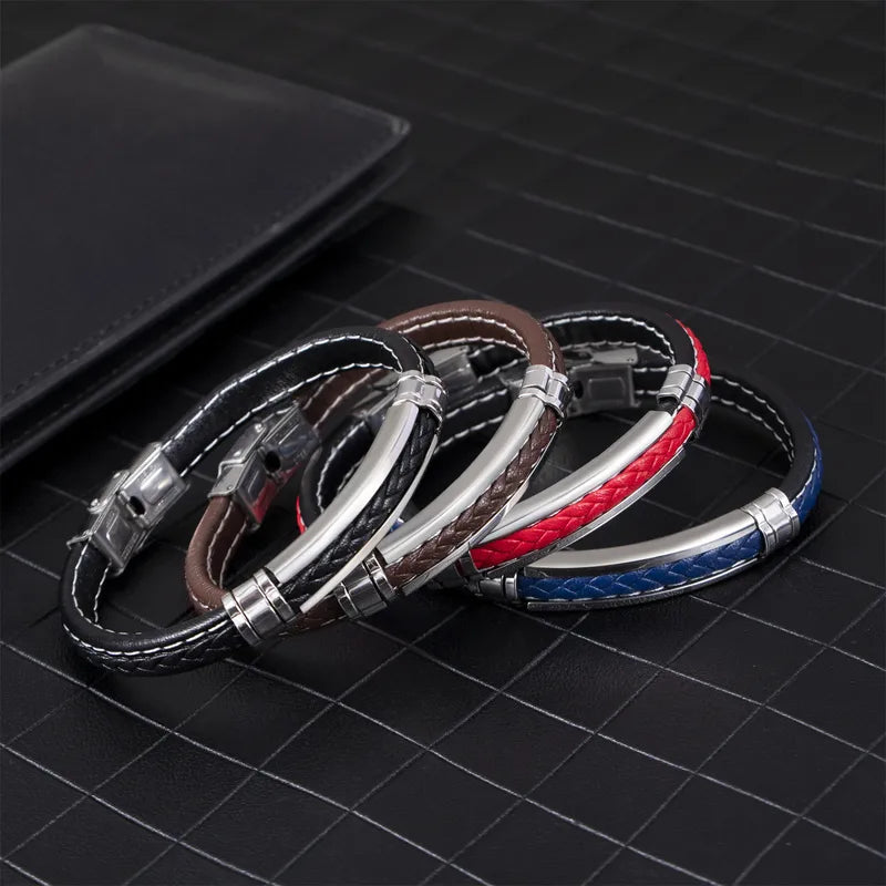 Le Maître | Bracelet Manchette Multi-Textures Noir et Acier Inoxydable