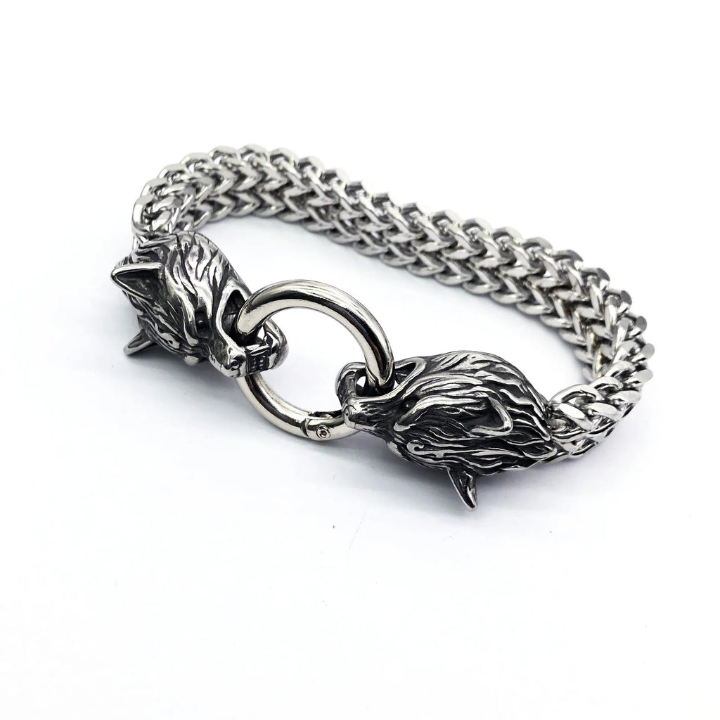 Fenrir | Bracelet Chaîne Viking à Têtes de Loup en Acier Massif