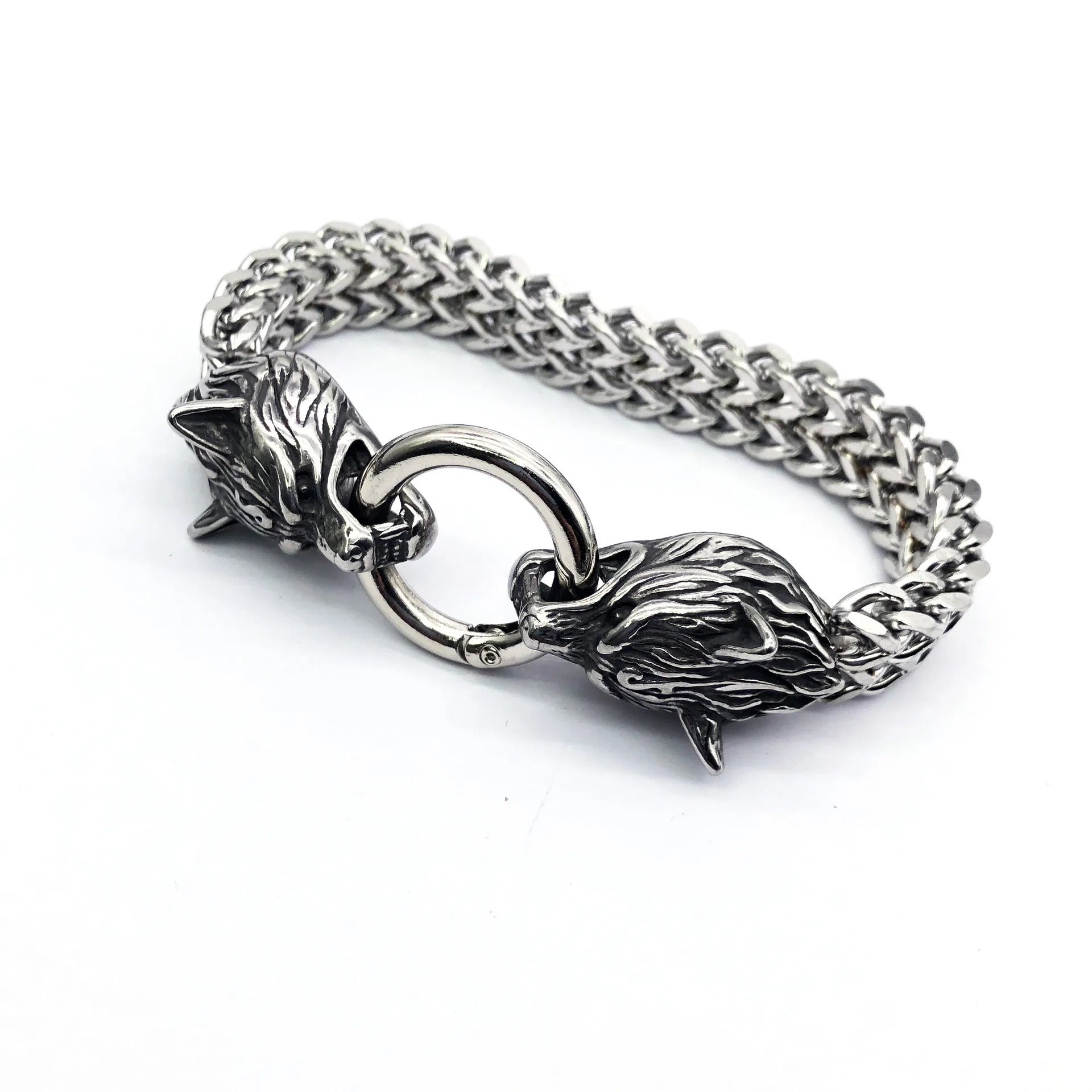 Fenrir | Bracelet Chaîne Viking à Têtes de Loup en Acier Massif