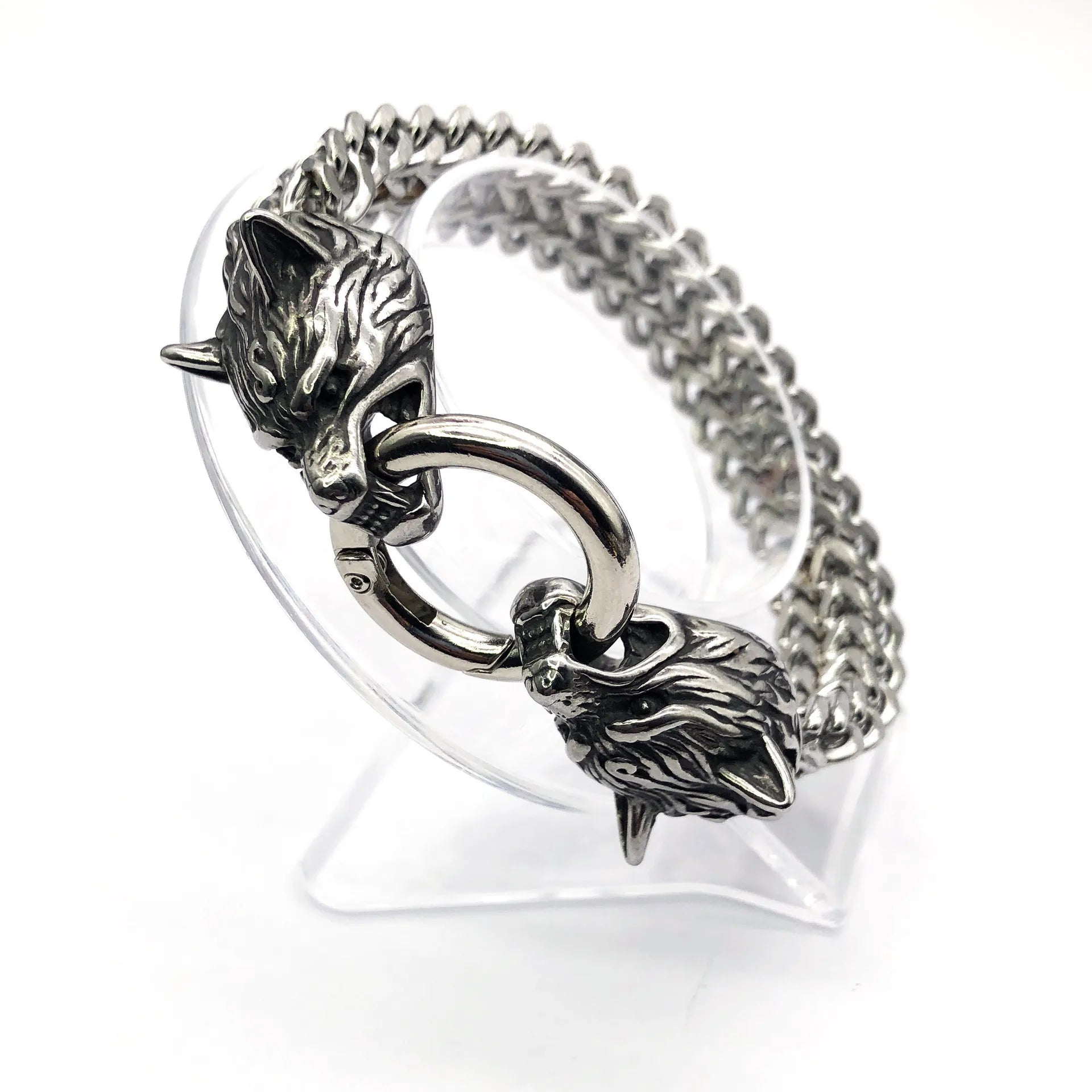 Fenrir | Bracelet Chaîne Viking à Têtes de Loup en Acier Massif
