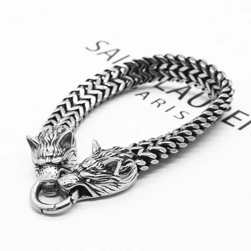 Fenrir | Bracelet Chaîne Viking à Têtes de Loup en Acier Massif