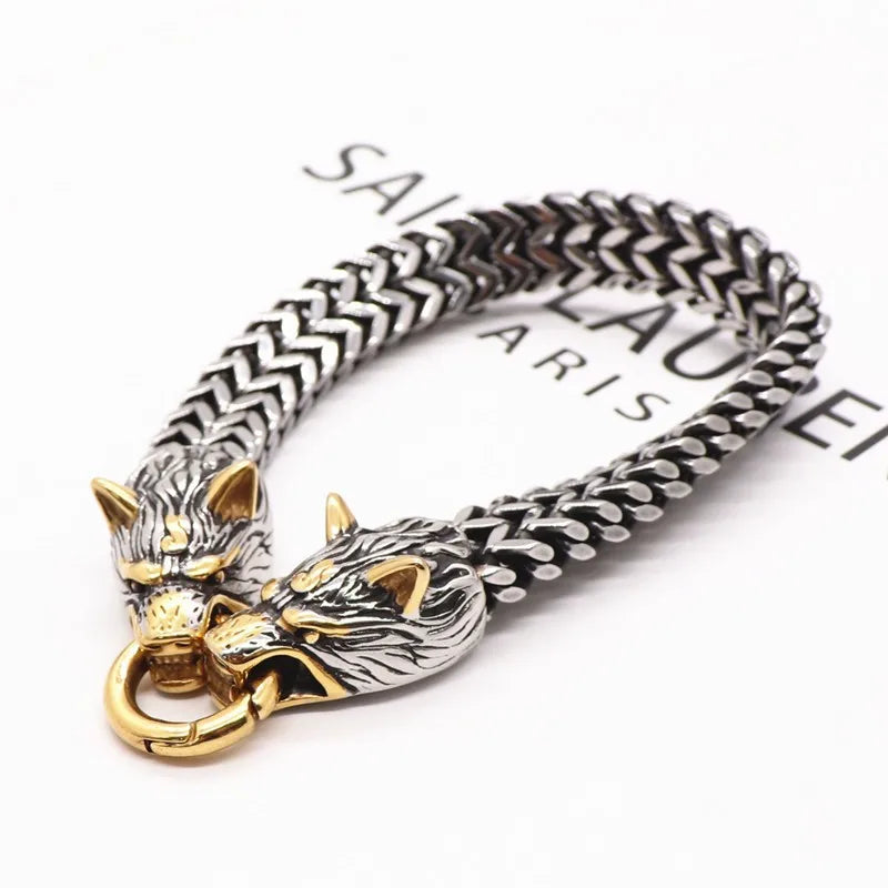 Les Loups d'Asgard | Bracelet Viking Bicolore à Têtes de Loup
