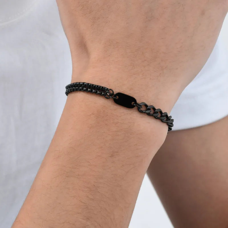L'Intersection | Bracelet Double Chaîne en Acier Noir